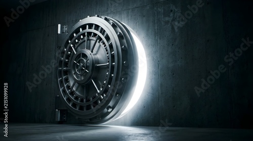 Massive steel bank vault door opening in a dark concrete room