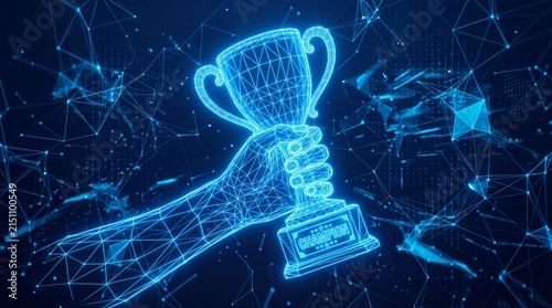 A futuristic concept illustration of a glowing blue digital wireframe hand holding a trophy as a symbol of victory within a virtual technology network environment