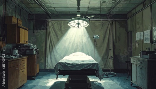 Empty hospital room with surgical light and bed.