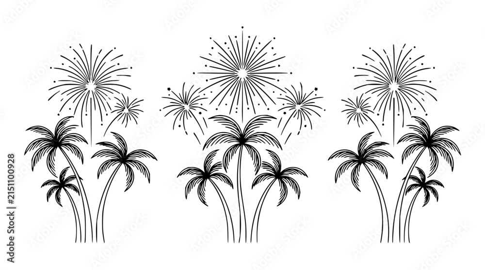 Naklejka premium Palm trees set with fireworks bursting in night sky featuring tropical silhouettes, vibrant explosions, and summer celebration with illuminated palm fronds and skyward sparks