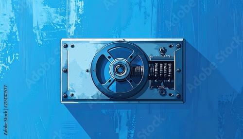 Close up of vintage metal fan on blue background.