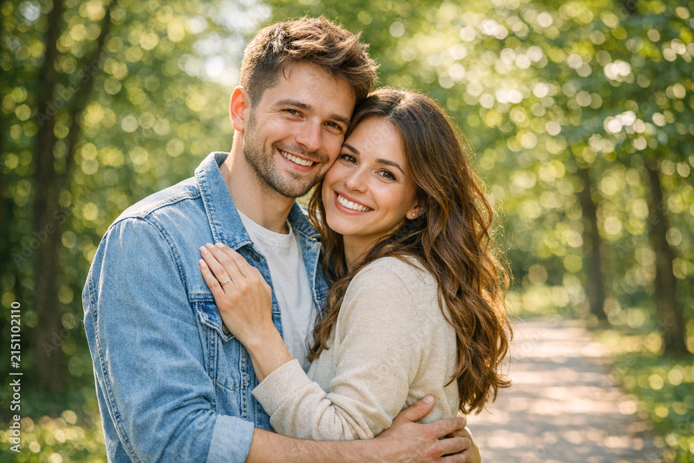Fototapeta premium Happy young adults share a tender moment amidst nature's beauty.
