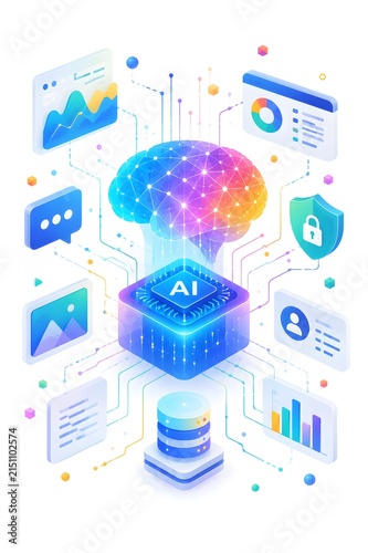 Futuristic connected AI brain chip with a neural network, intelligent computing core, digital data connections and advanced artificial intelligence technology
