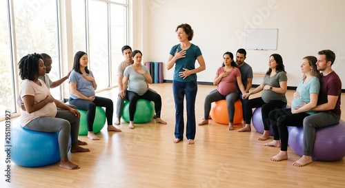 Pregnant woman and man partner attending prenatal class with instructor. Expectant mother sitting on fitness ball learning breathing exercise. Parenting education for birth preparation.