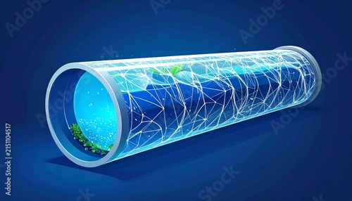 Futuristic Transparent Tube with Glowing Neural Network Design.