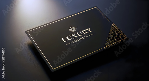 Elegant black business card with gold foil logo and geometric pattern detail on dark surface.