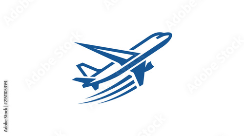 Blue stylized airplane icon taking off on a white background representing flight, travel, and aviation