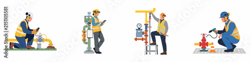 Industrial Maintenance Illustration Set Featuring Professional Gas Technicians and Utility Workers Inspecting Pipelines, Valves, and Meters while Wearing High-Visibility Safety Gear and PPE.
