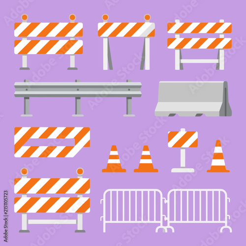 A collection of various road construction barriers and safety traffic cones