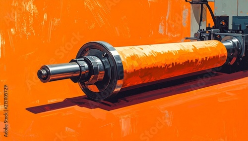 Orange industrial printing press roller close up detail.
