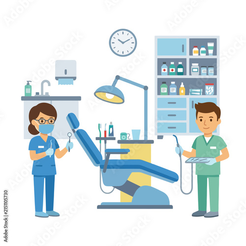 A professional dental office scene with medical staff and equipment