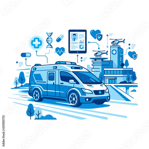 A blue illustration showing an emergency vehicle and medical care icons