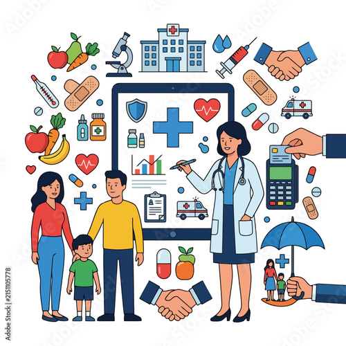 A digital illustration showing a doctor consulting with a family about health care