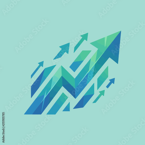 A geometric illustration showing blue and green arrows pointing upward