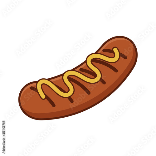 A grilled sausage topped with a swirl of yellow mustard on a white background