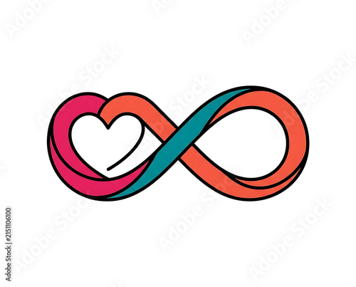 Symbol of Infinite Love and Connection Represented by an Infinity Loop with a Heart Shape Integrated into its Design and Teal and Orange Color Scheme on a White Background