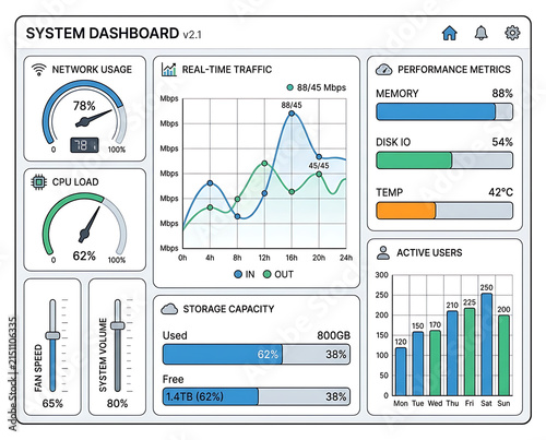 System Dashboard with Gauges Charts and Graphs Displaying Real Time Data and Performance Metrics in a Clean Interface Design