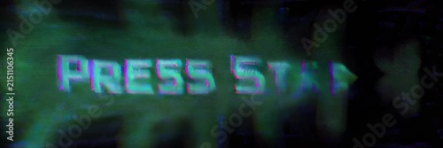 Glitch Press Start text glowing on dark screen, gaming concept for entertainment website banner
