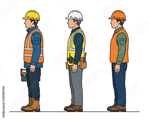 Three Construction Workers Standing Side By Side In Hard Hats and Safety Vests Demonstrating Teamwork and Collaboration