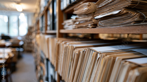 Aged rows of paper documents packed along wooden archive shelves with bundled files stacked above bright interior lighting crisp paper texture orderly repetition historical
