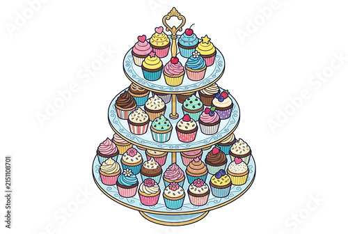 Three Tiered Stand Filled With Colorful Assortment of Delicious Cupcakes Decorated With Frosting and Sprinkles