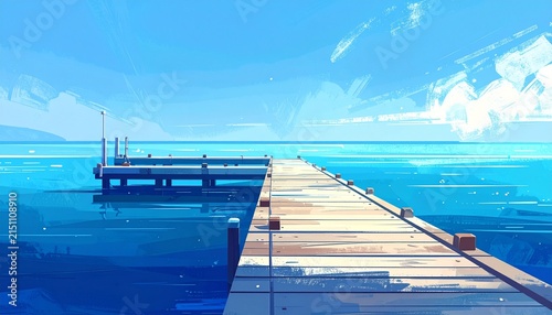 Wooden pier extending into calm blue ocean under clear sky.