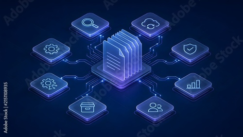 Isometric digital document management system with glowing files and connected business icons for cloud computing and secure data analytics.