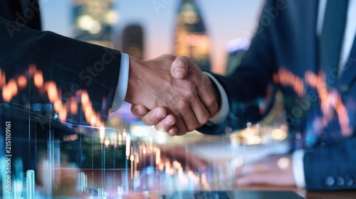 Two businessmen shaking hands in a professional setting, symbolizing a successful deal or partnership, with city lights and financial charts in the background