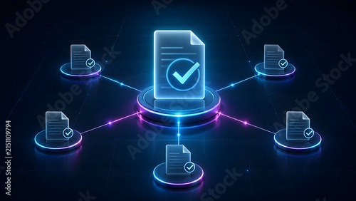 Decentralized digital network of verified documents with glowing checkmarks representing secure blockchain consensus and synchronized data approval.