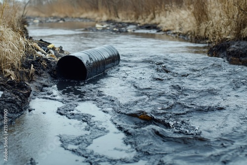 Polluted river with industrial pipe discharging dark waste water into muddy stream, environmental damage and contamination