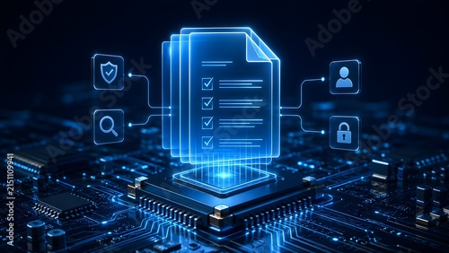Holographic digital document verification on a computer motherboard with glowing icons for cyber security privacy and automated compliance checking.
