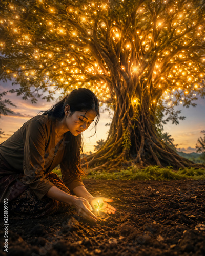 young woman planting glowing seed at sunset with magical illuminated tree in background fantasy agriculture and hope concept