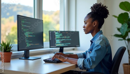 Young female programmer coding on dual monitors in modern office