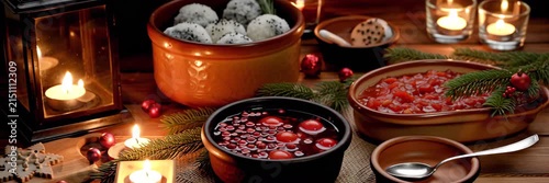 Traditional Christmas dinner table with candles and dishes, hospitality concept for holiday website banner