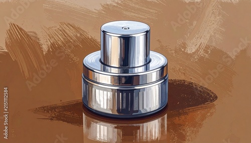 Stacked metallic cylinders on reflective surface with warm background.