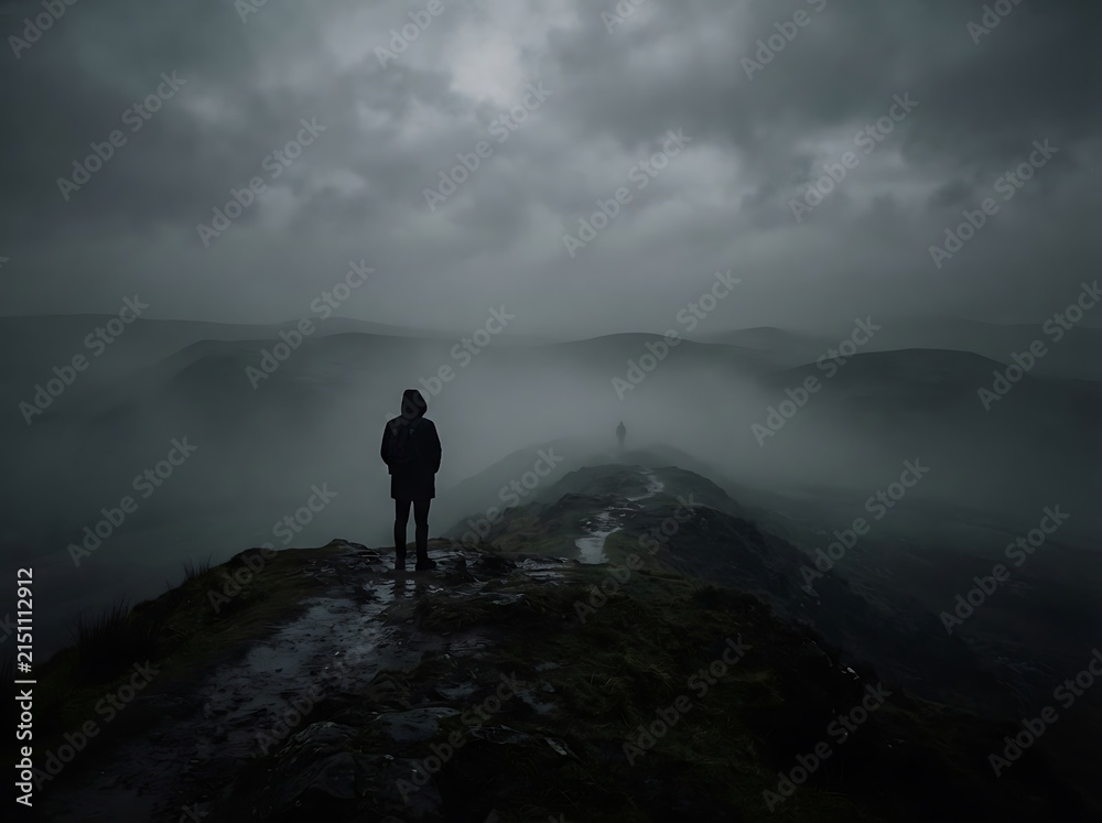 Fototapeta premium A lone person standing on a foggy mountain ridge looking into the distance.