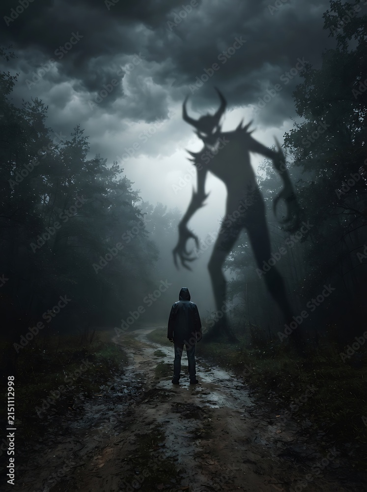 Fototapeta premium A lone man standing on a dark forest path facing a giant shadowy horned monster.