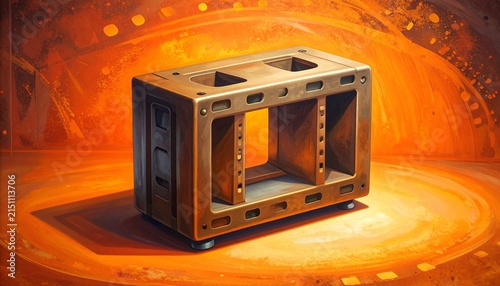 Industrial metal frame with warm glowing background.
