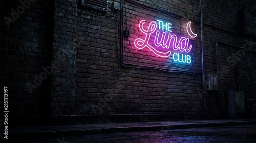 Glowing neon sign on dark brick wall