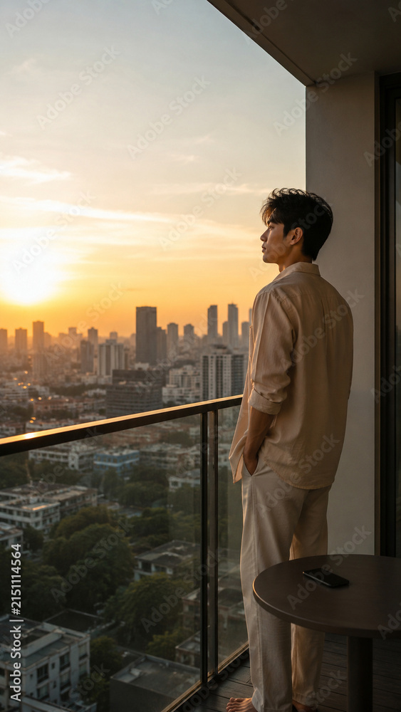 Fototapeta premium Asian man practicing digital detox at sunrise
