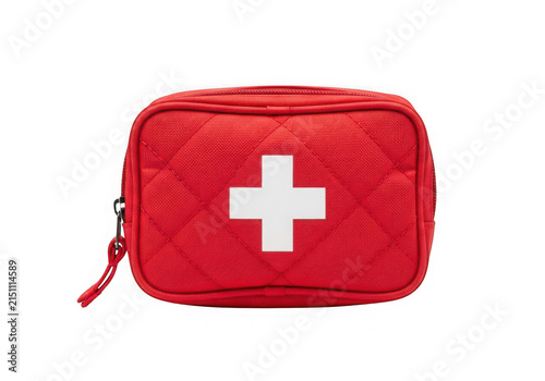 Red fabric first aid bag with white cross sign isolated on transparent base.