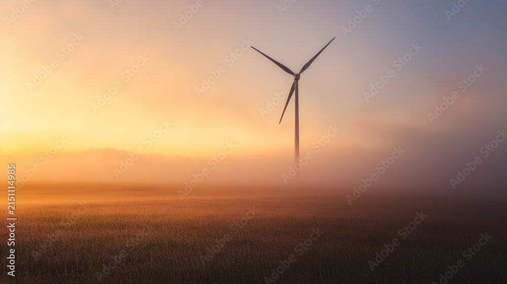 Obraz premium Sunrise misty field wind turbine