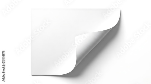 Blank square paper sheet with curled corner on white background.