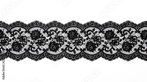 Black floral lace trim ribbon isolated on white background.