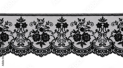 Elegant black lace trim with floral embroidery pattern on transparent background.