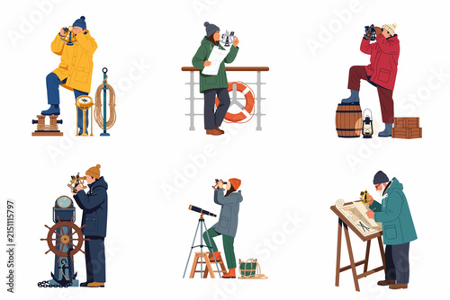 Set of Flat Vector Illustrations of Nautical Sailors and Navigators Using Binoculars, Sextants, Maps, and Telescopes for Maritime Exploration and Sea Travel Journey.