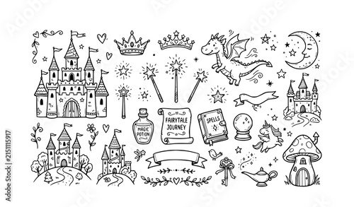 Bild auf Leinwand Hand Drawn Fairytale Doodle Set – Magical Fantasy Vector Illustration