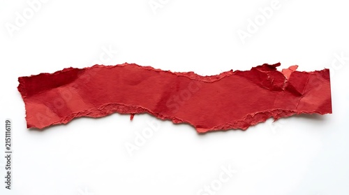 Horizontal piece of torn red paper with rough edges on white background.