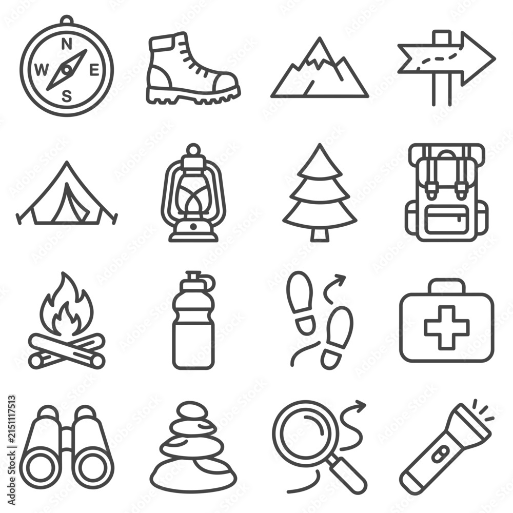 Fototapeta premium Camping and hiking outdoor adventure icons
