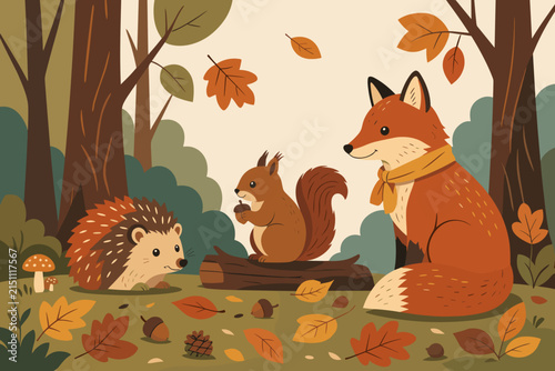Three woodland animals, friendly mood, interacting in autumn forest setting